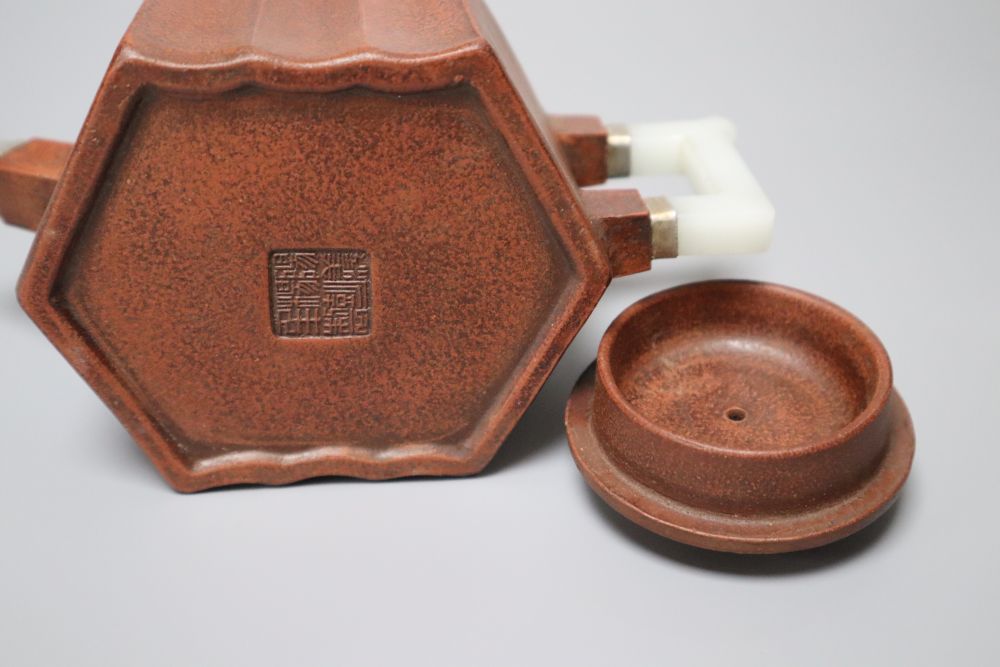 A Chinese Yixing teapot, with agate mounts, 18cm across